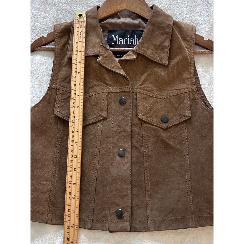 Vintage Brown Leather Vest Women Small Cropped Western Snap Button Moto Biker - Picture 6 of 12